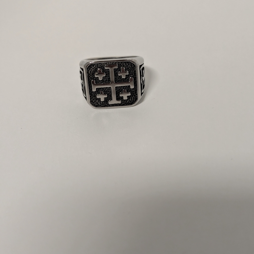 Men's Silver-Tone Cross Signet Ring - Black Accents